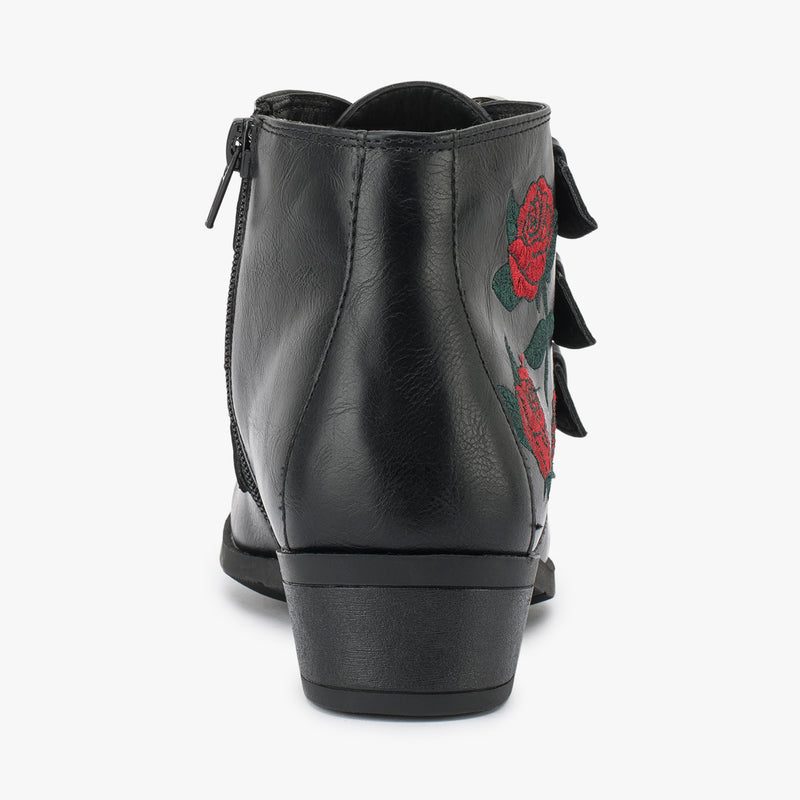 Black Synthetic Embroidery Buckle Ankle Boot