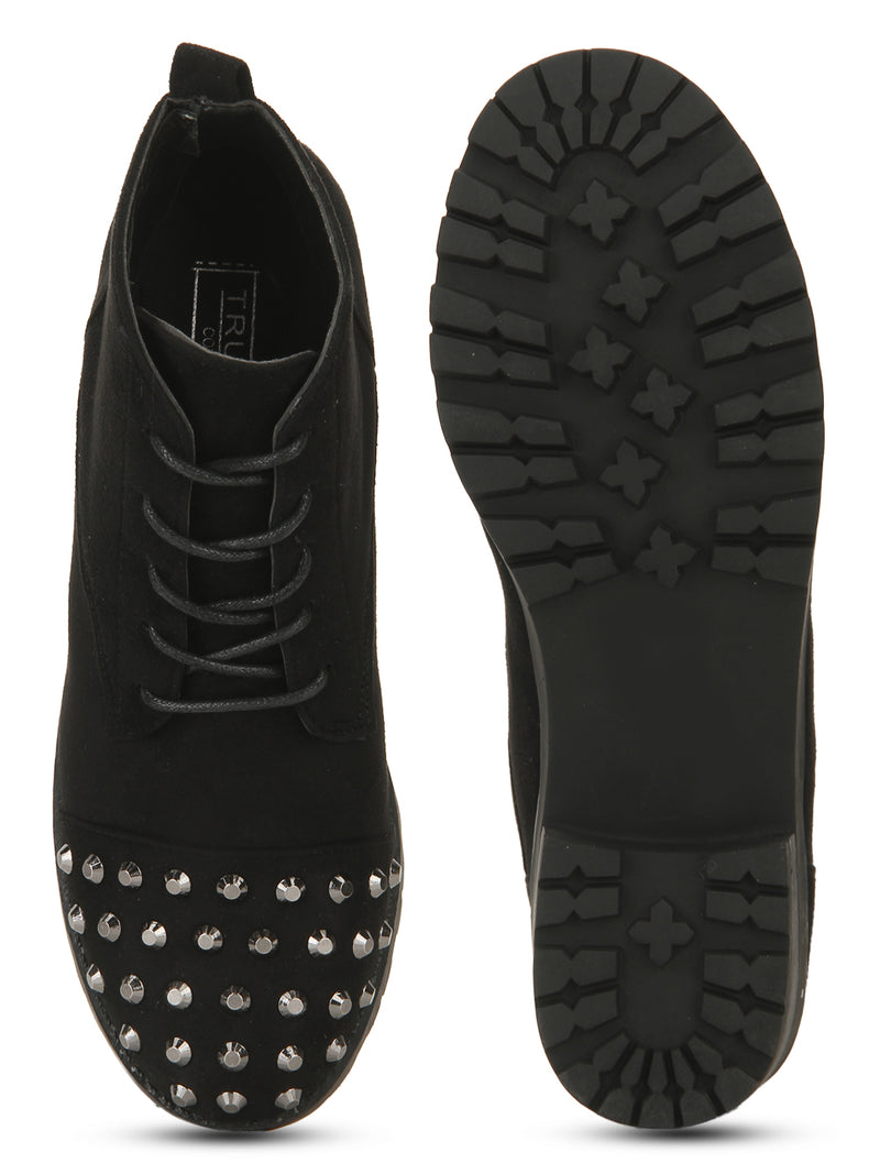 Black Micro Studded Biker Ankle Boots