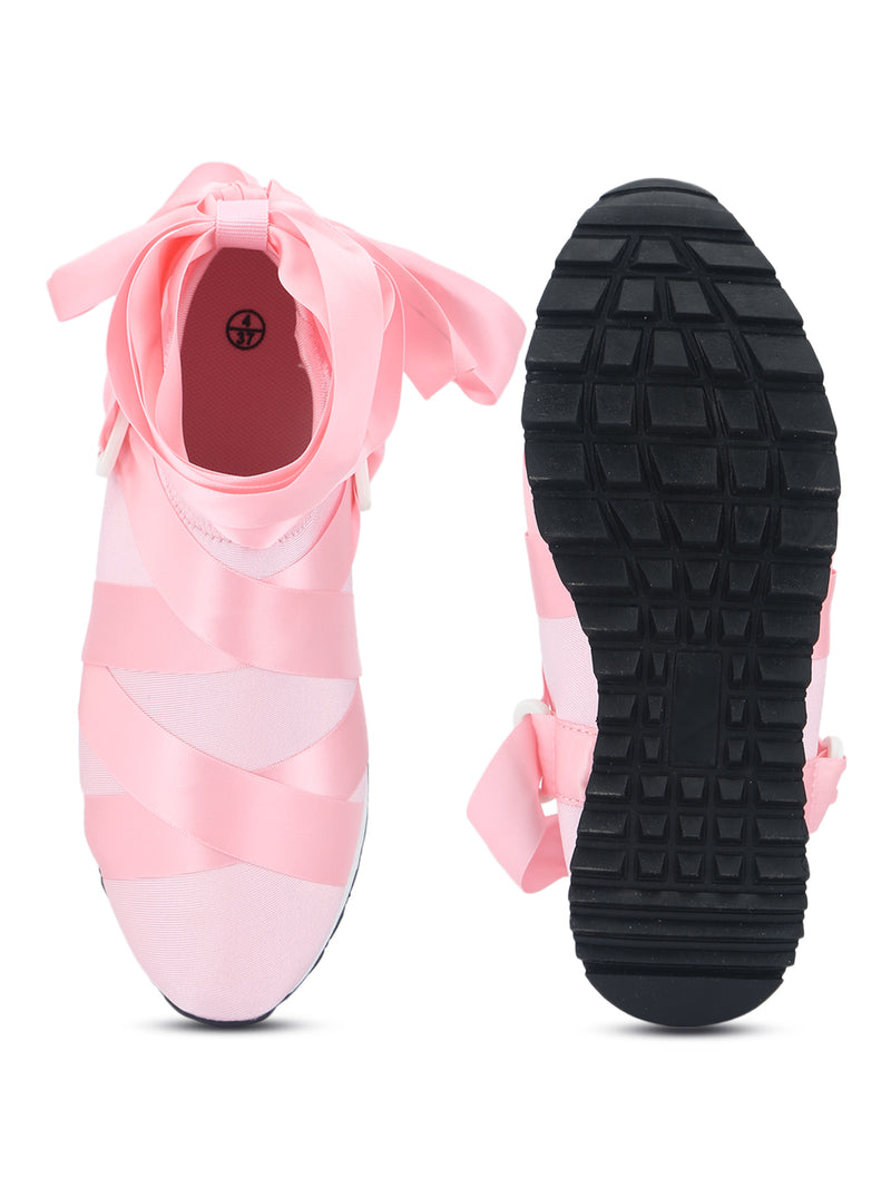 Blush Lycra Lace-Up Slip-On Sneakers
