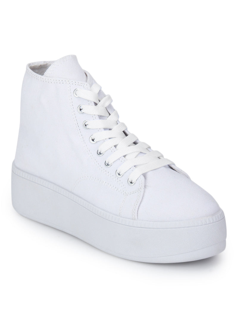 White Canvas Ankle Length Lace-Up Sneakers