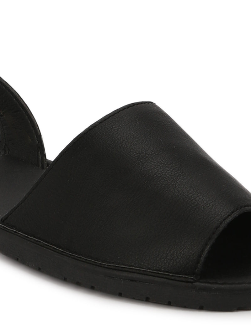 Black PU Back Sling Open Toe Slip-On Sandals