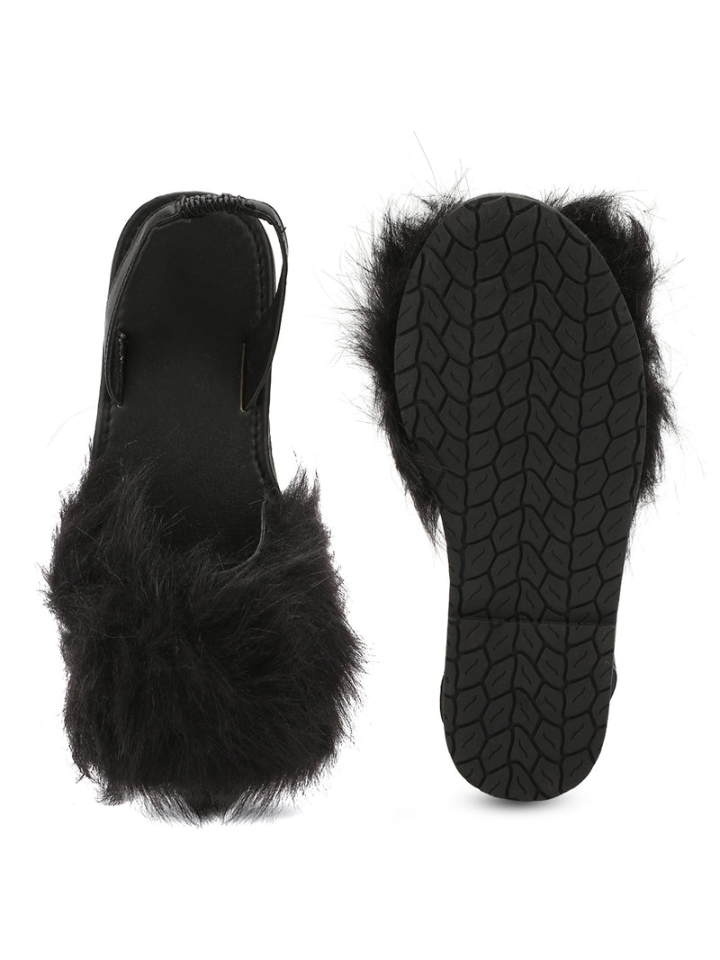 Black Fur Back Sling Slip-On Sandals