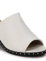 White PU Studded Low Heel Sandals