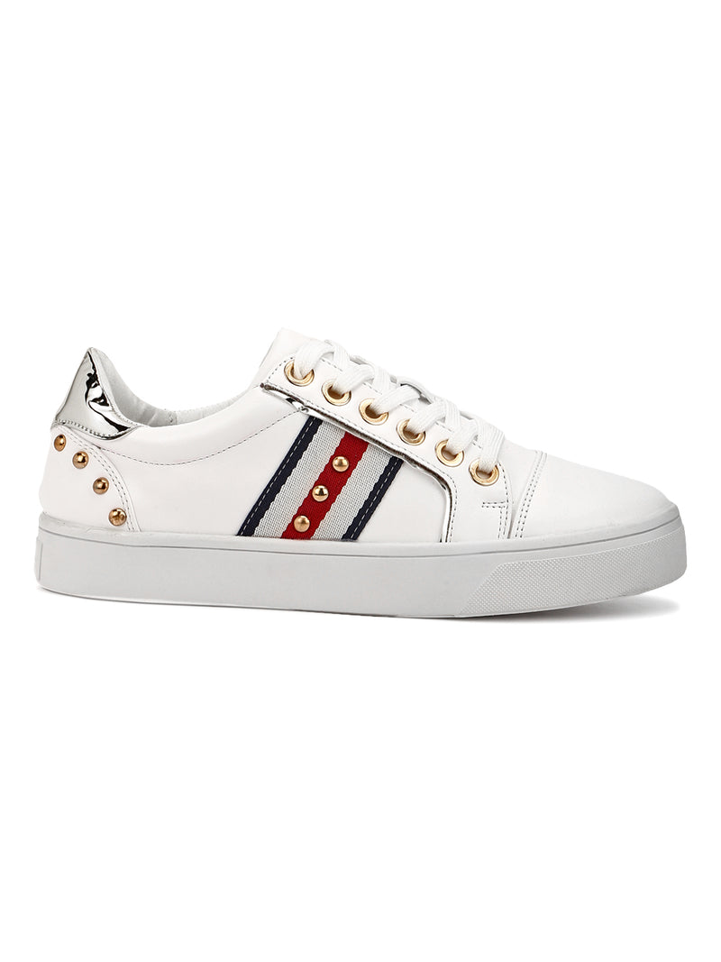 White PU Pearl Detailing Lace-Up Sneakers