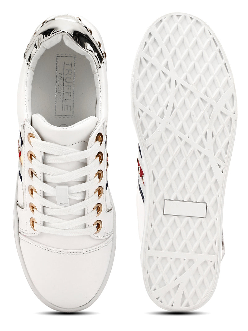 White PU Pearl Detailing Lace-Up Sneakers
