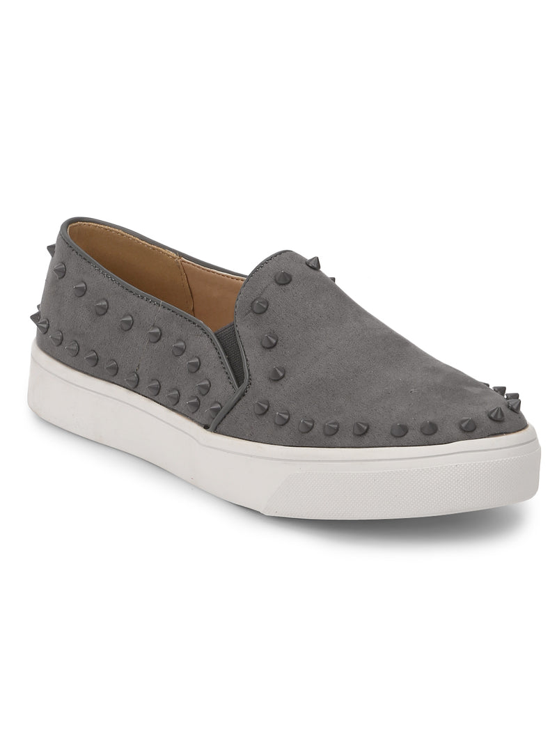 Grey Suede Studded Slip-On Sneakers