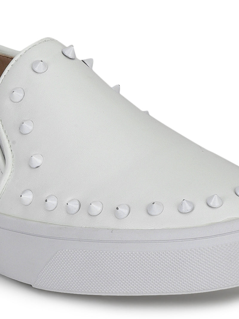 White PU Studded Slip-On Loafers