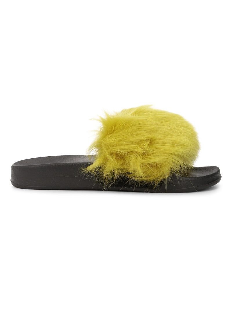 Yellow Black Fur Slip-on Flats