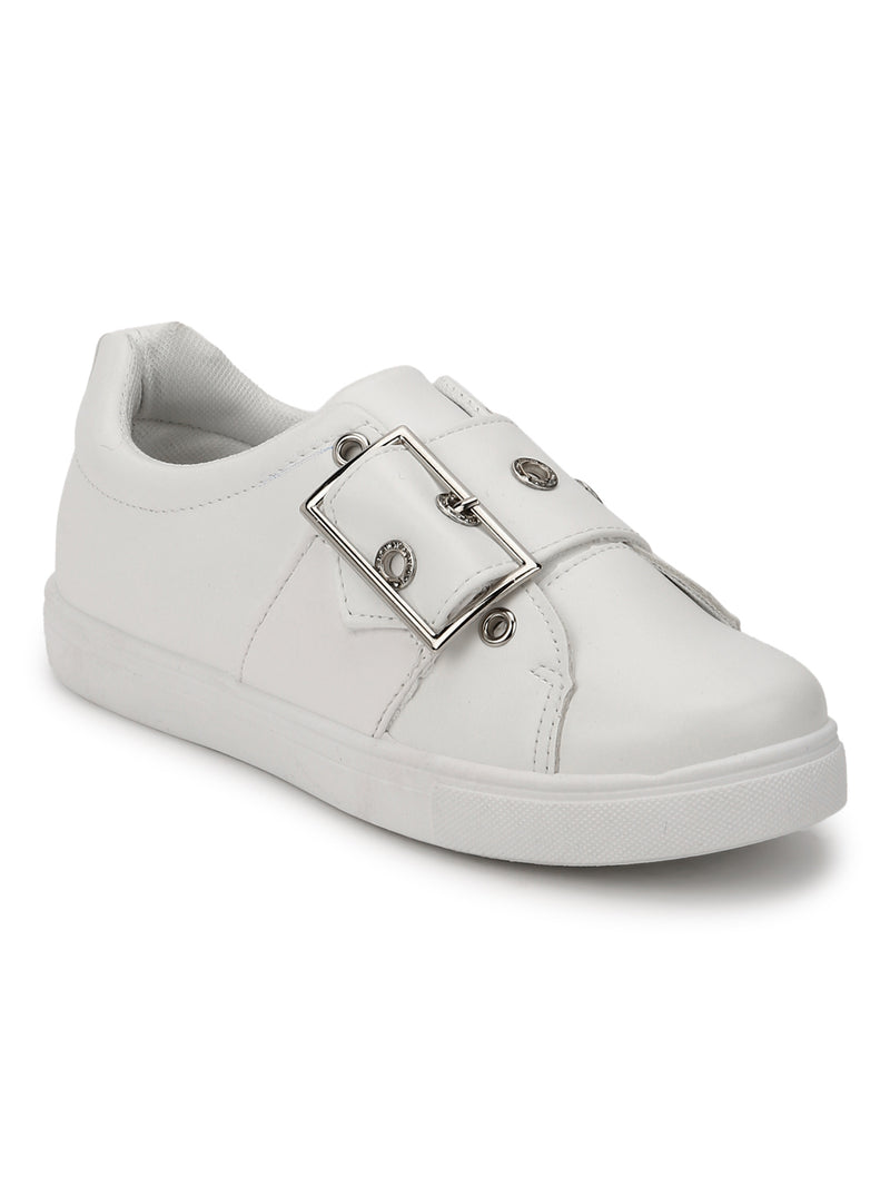 White PU Big Buckle Lace-Up Sneakers