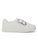 White PU Big Buckle Lace-Up Sneakers