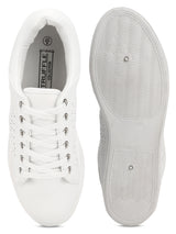 White PU Textured Lace-Up Sneakers