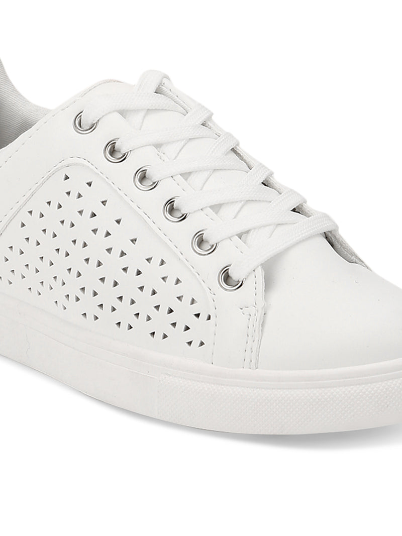 White PU Textured Lace-Up Sneakers