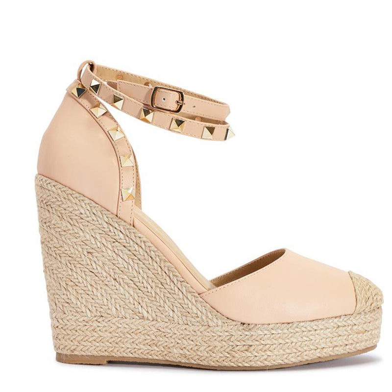 Studded ankle strap jute wedges