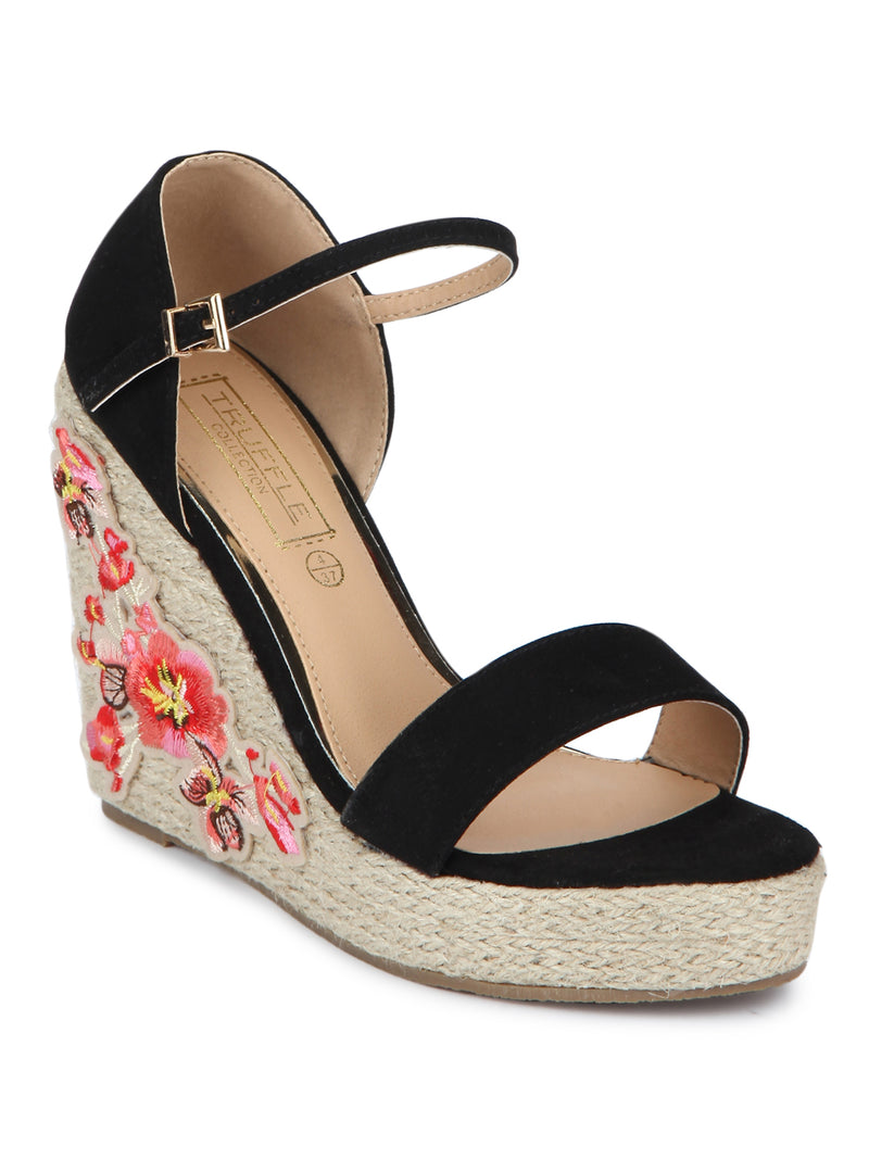 Black Micro Embroidred Ankle Strap Wedges
