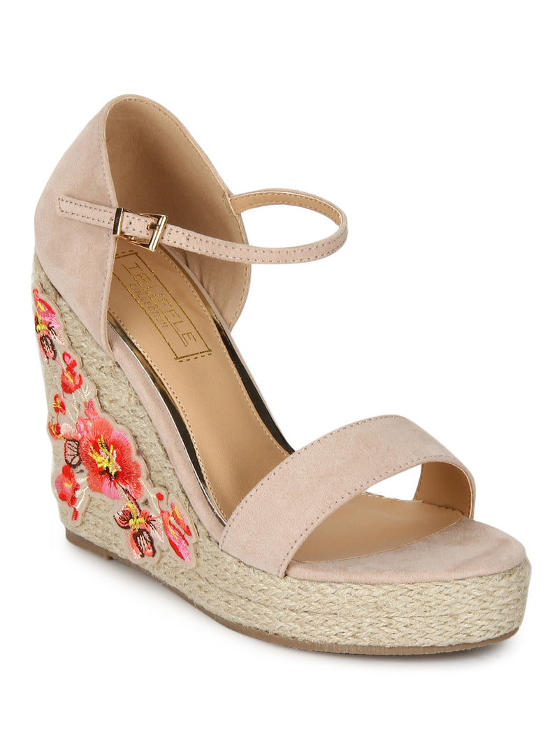 Nude Micro Embroidred Ankle Strap Wedges