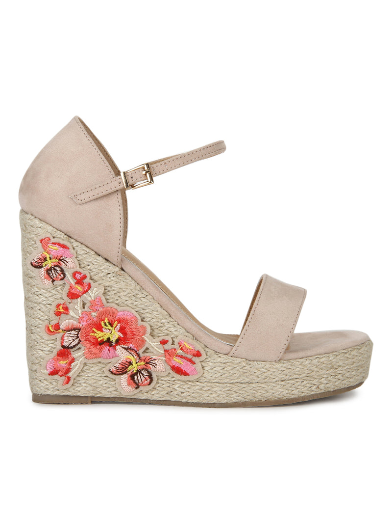 Nude Micro Embroidred Ankle Strap Wedges