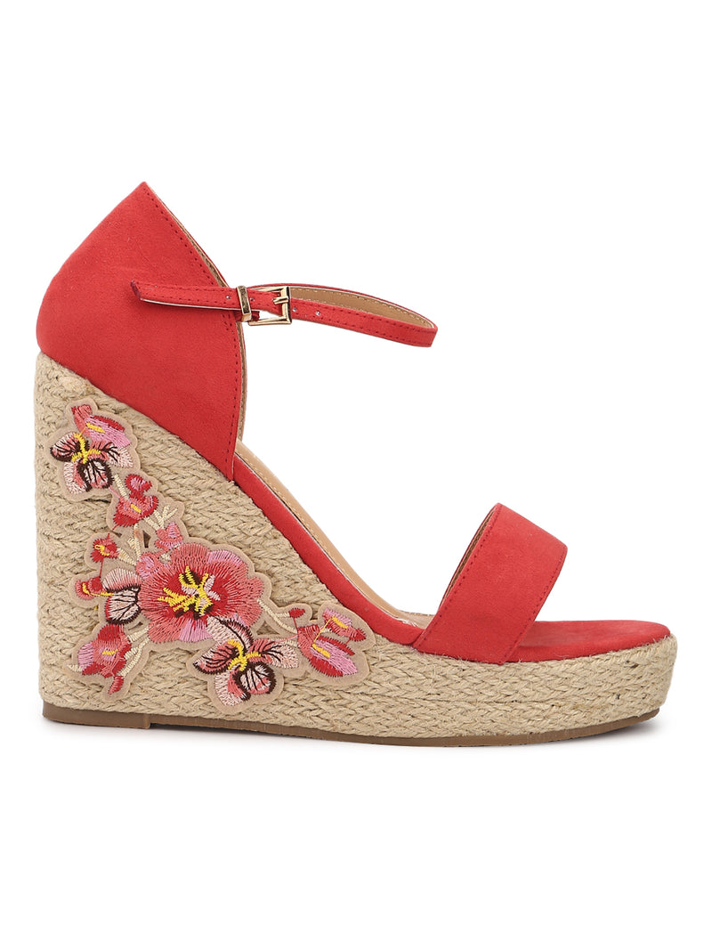 Red Micro Embroidred Ankle Strap Wedges