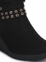 Black Micro Rivet Fur Down Collar Ankle Boots