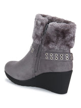 Grey Micro Rivet Fur Down Collar Ankle Boots