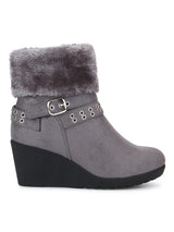 Grey Micro Rivet Fur Down Collar Ankle Boots