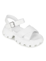 White PU Cleated Bottom Chunky Sandals With Buckle