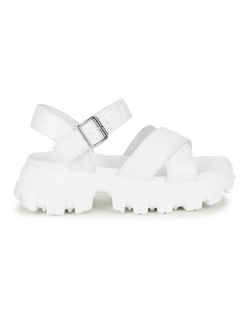 White PU Cleated Bottom Chunky Sandals With Buckle
