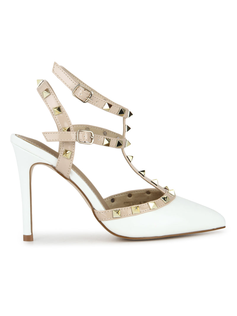 White Nude Studded Strappy Stiletto Heels