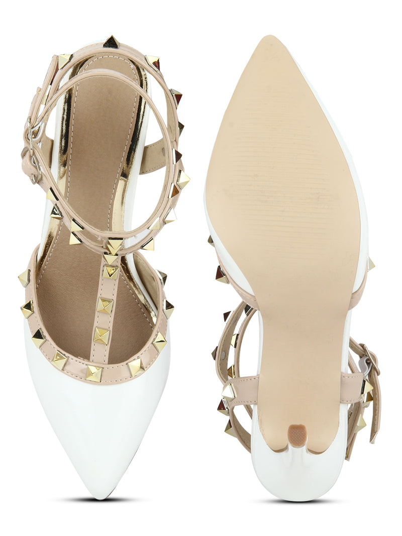 White Nude Studded Strappy Stiletto Heels