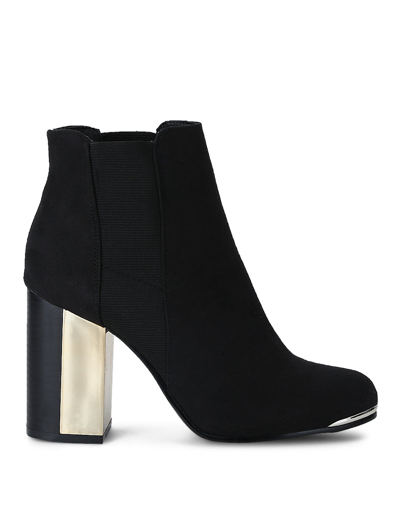 Black Micro Double Shade Block Heel Ankle Length Boots