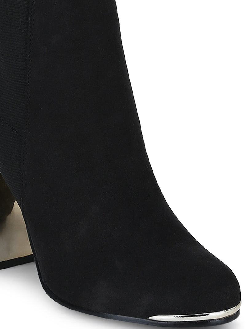 Black Micro Double Shade Block Heel Ankle Length Boots