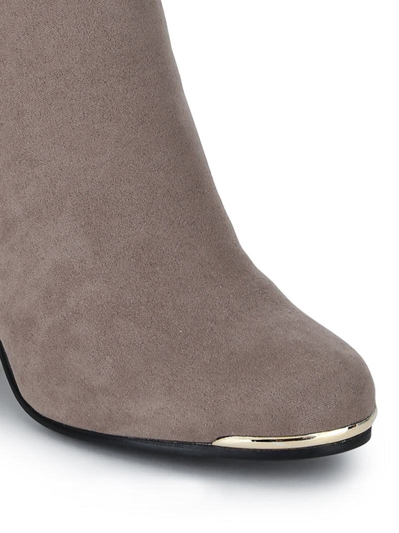 Taupe Micro Double Shade Block Heel Ankle Length Boots