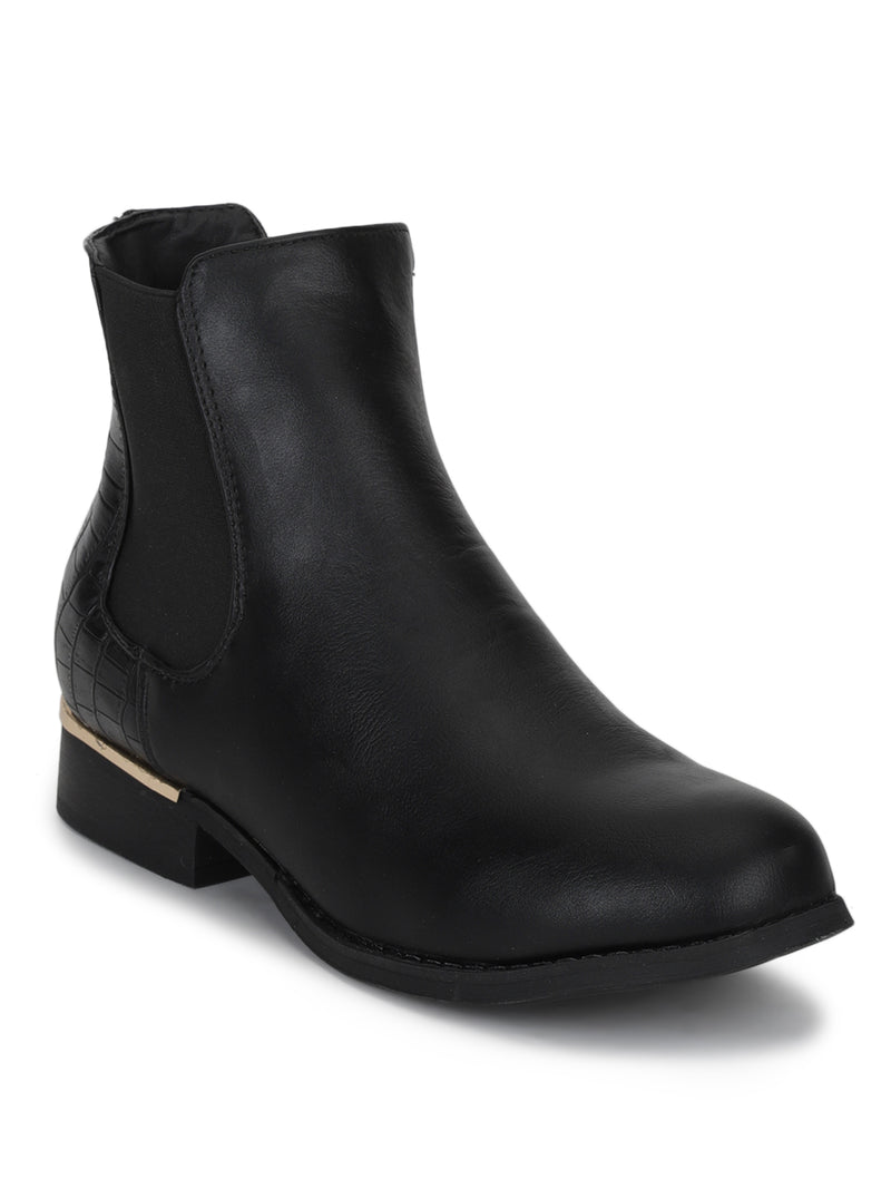 Black PU Chelsea Gold Lining Heel Ankle Boots
