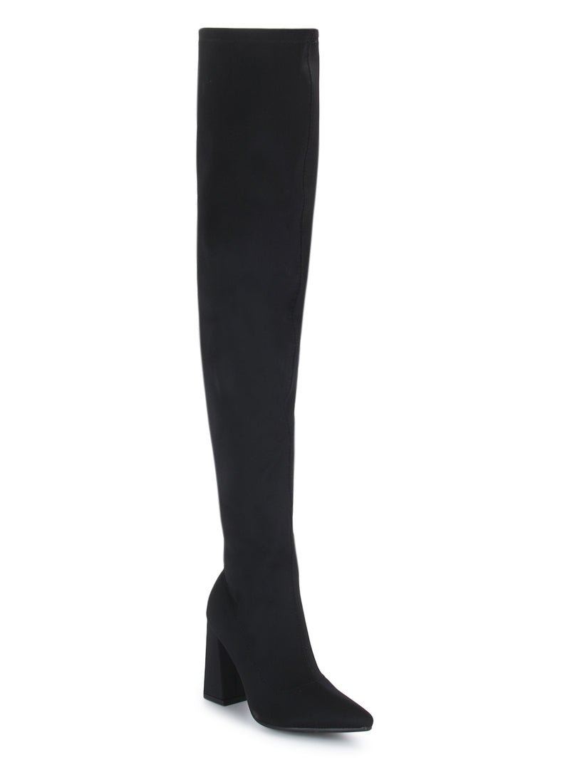 Black Lycra Pointed Toe Block Heel Long Boots