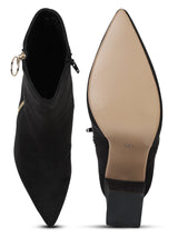 Black Micro Sideway Zipper Pointed Toe Block Heel Ankle Boots