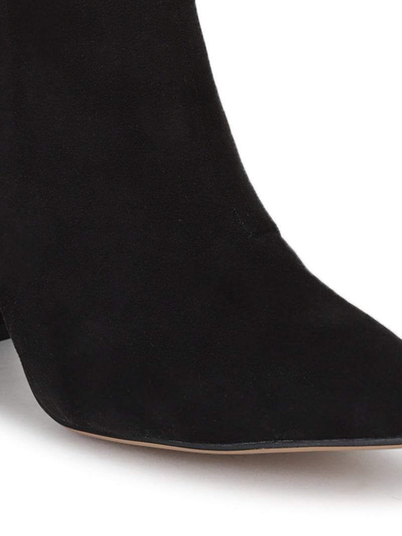 Black Micro Sideway Zipper Pointed Toe Block Heel Ankle Boots