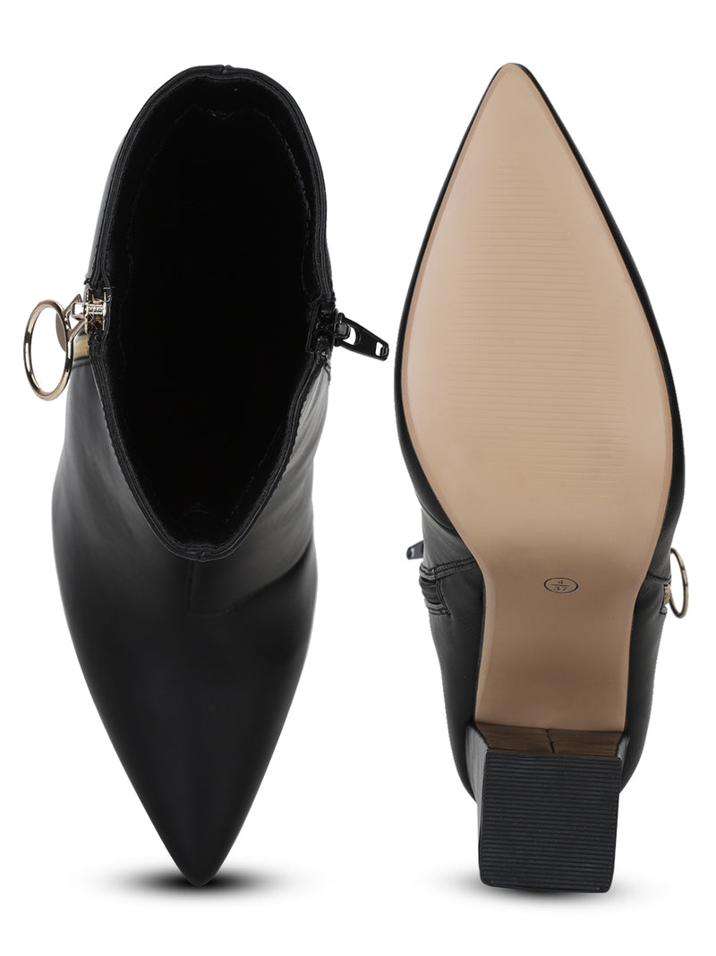 Black PU Sideway Zipper Pointed Toe Block Heel Ankle Boots