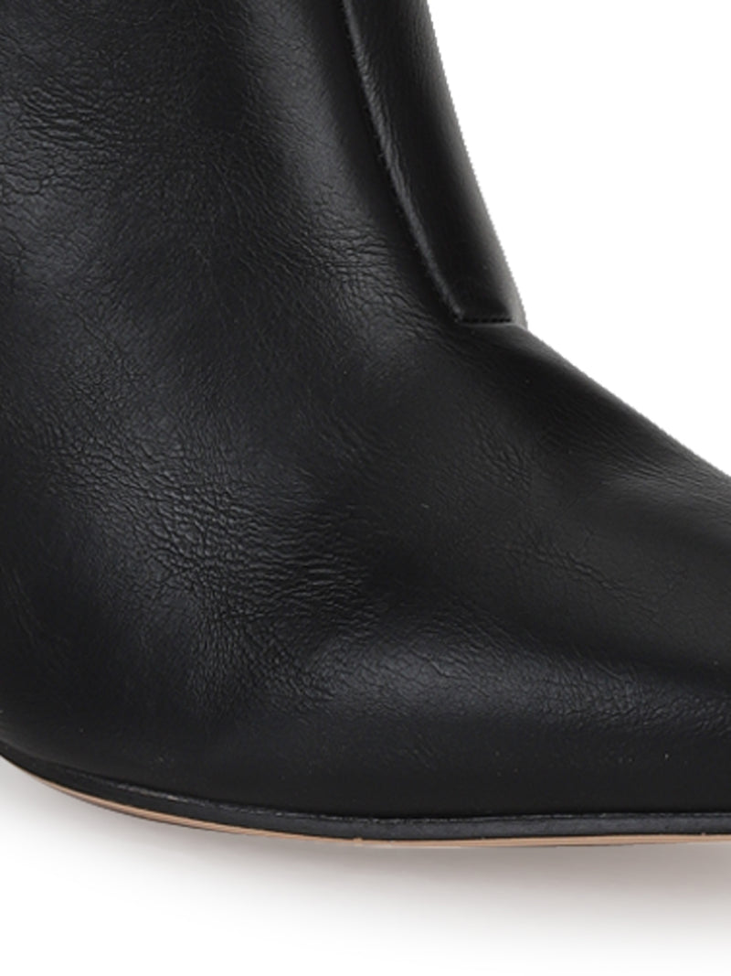 Black PU Sideway Zipper Pointed Toe Block Heel Ankle Boots