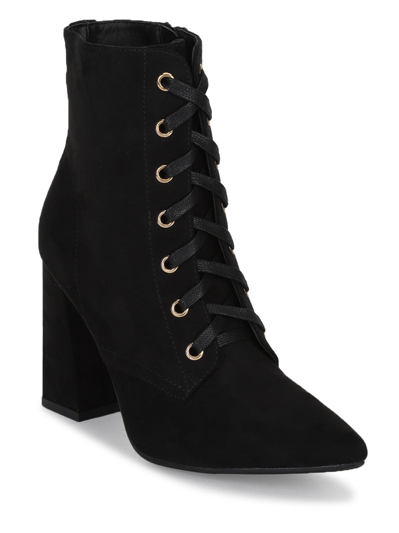 Black Micro Pointed Toe Lace-Up Block Heel Ankle Boots