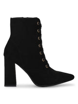 Black Micro Pointed Toe Lace-Up Block Heel Ankle Boots