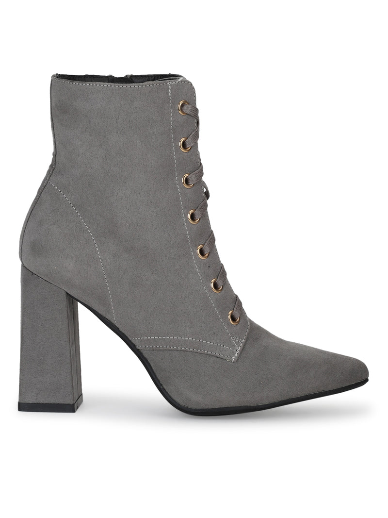 Grey Micro Pointed Toe Lace-Up Block Heel Ankle Boots
