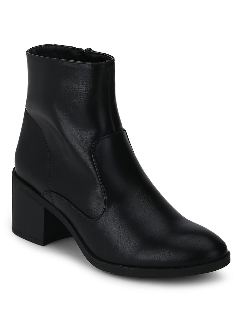 Black PU Low Block Heel Ankle Length Boots