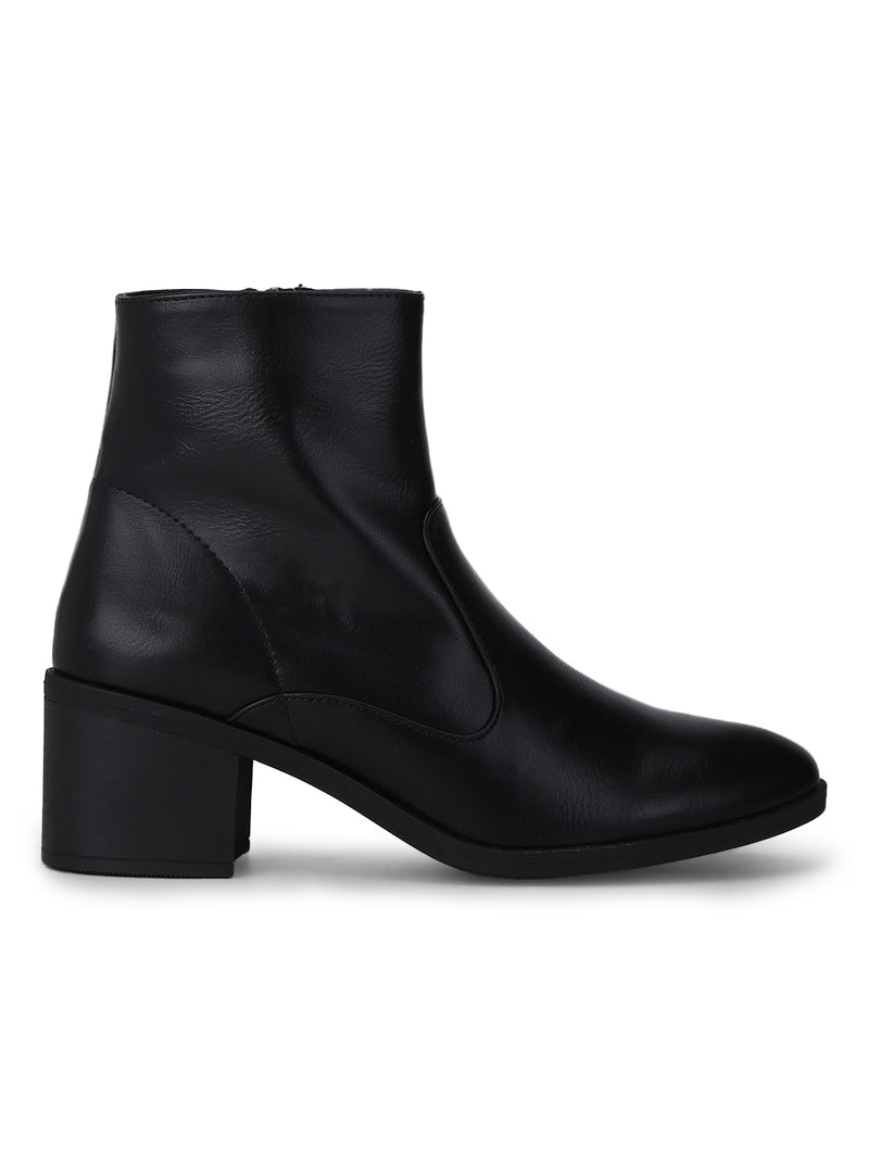 Black PU Low Block Heel Ankle Length Boots