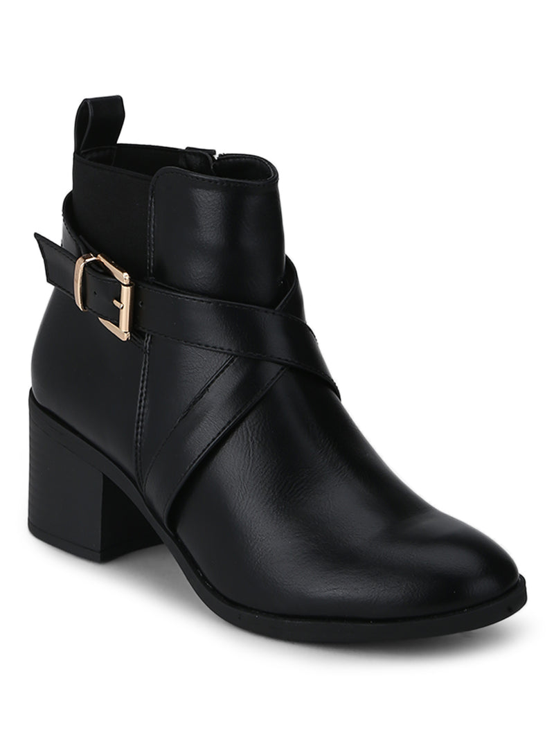Black PU Low Block Heel Buckled Ankle Length Boots