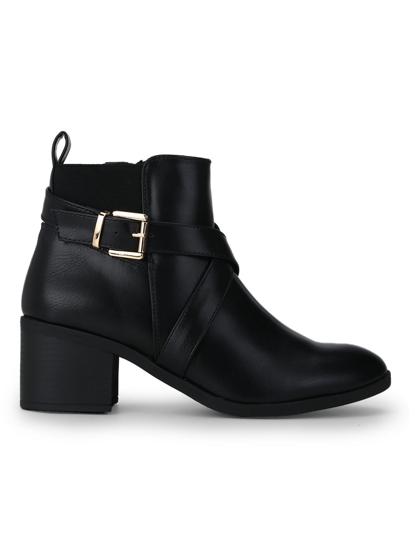 Black PU Low Block Heel Buckled Ankle Length Boots