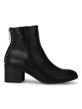 Black PU Low Heel Studded Ankle Length Boots
