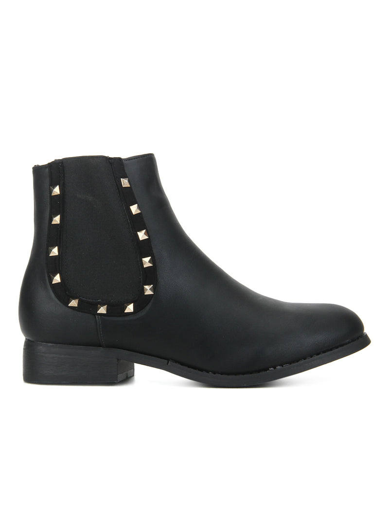 Black PU Stud Detailed Flat Ankle Length Boots