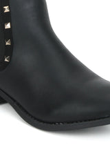 Black PU Stud Detailed Flat Ankle Length Boots