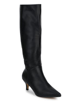 Black PU Low Heel Calf Length Long Boots