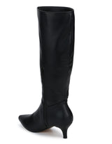 Black PU Low Heel Calf Length Long Boots