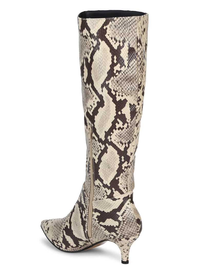 Stone Snake Low Heel Calf Length Long Boots